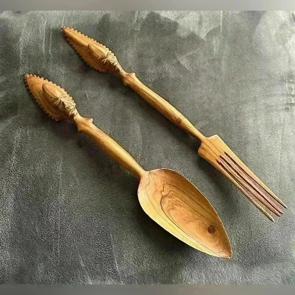 2 for $30 💎𝅺VINTAGE Hand  Carved African Tribal Art Fork & Spoon - Picture 4 of 15